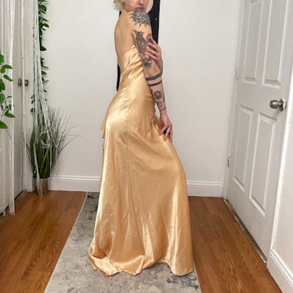 Y2K Vintage Rhinestone Satin Halter Prom Maxi Dress Sleeveless Size M Gold - Picture 11 of 14